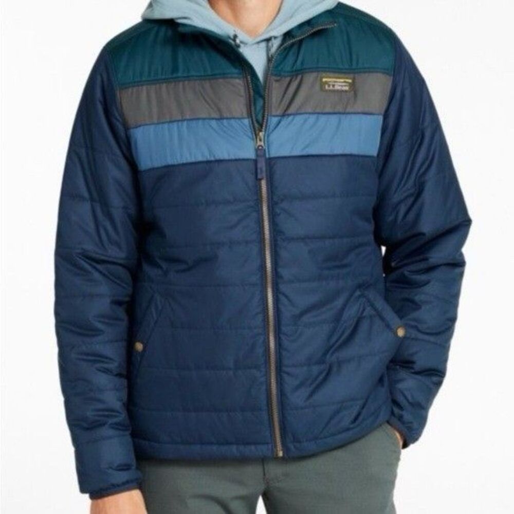 LL Bean Jacket Mens M Blue Mountain Classic Puffer Hooded Colorblock Insulated